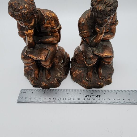 Pair of Antique Bookends Boy Reading Cast Metal Bronze Finish Office Decor MCM - Picture 14 of 15